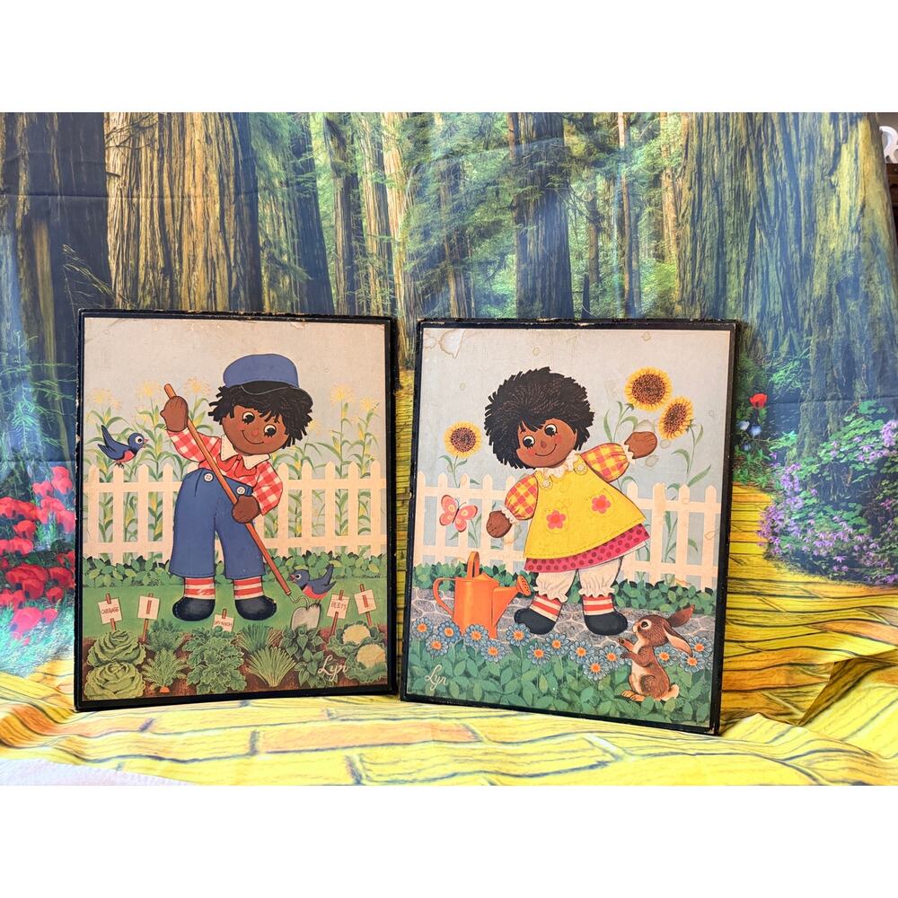 African American Vintage Raggedy Ann Andy Wooden Wall Plaques 2 Set 18"